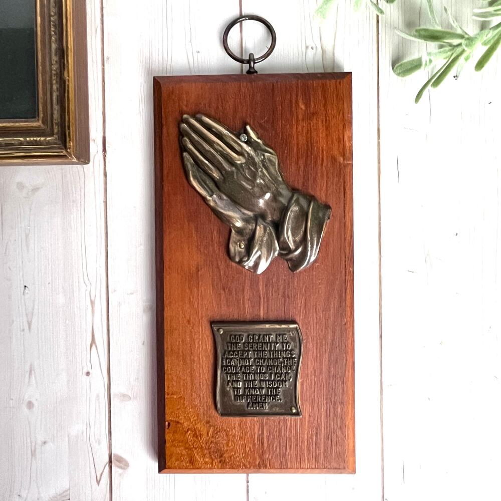 Vintage Wooden & Embossed Metal Serenity Prayer Wall Plaque Praying Hands